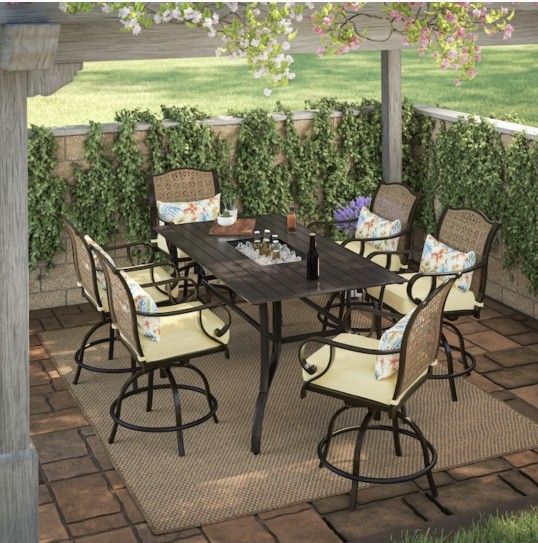 Allen + Roth Royal garden fernbrooke 7-piece brown frame patio set with yellow olefin cushion(s) included
