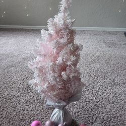 30in pink Christmas tree with white lights and decorations