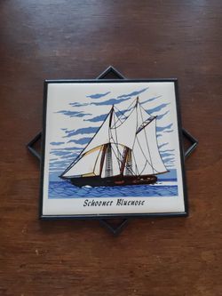 Vintage Canadian Bluenose Schooner Ceramic Wall Tile Plastic Trivet Frame