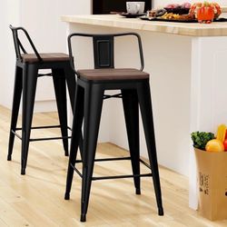 NEW Yongchuang 24” Metal Barstools Set of 2 Counter Bar Stools with Wood Top Low Back Matte Black