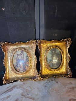 Pair of vintage pictures with ornate Rococo-style gold frames