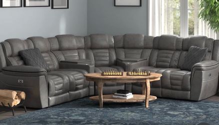 Power electric gray all leather fully reclining sectional couch