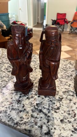 2 Vintage Chinese Asian Wooden Hand Carved Figurine