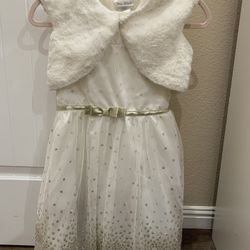 Cream & Gold Dress with Fur Vest - Size 10 