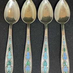 4x Vintage Russian USSR Soviet-era .875 Silver And Enamel Teaspoons Rare Colors