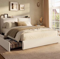 Chenille Fabric Full Size Bed Frame with 2 Storage Drawers - Beige