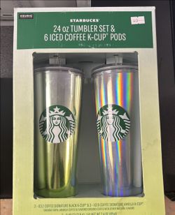 24 oz Starbucks Tumbler Set with Iced Coffee K-Cups, 2-count, Assorted Colors
