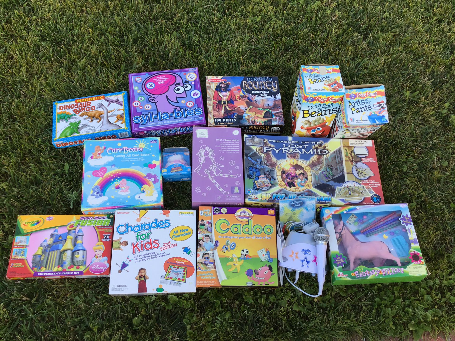Games, puzzles for kids, charades, Cadoo, play doh, Webkinz, stitch doll