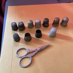Antique Thimbles Qty =11 + Scissors