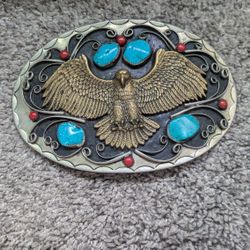 Solid Silver / Bronze Embellished Thunderbird Belt Buckle with Turquoise & Coral