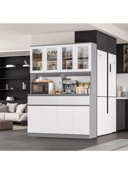 Large Hutch Cabinet 75" Tall Kitchen Pantry with Drawers and Doors, 55" Wide Hutch Countertop for Microwave/Coffee Bar, Wooden Storage Hutch with Adju