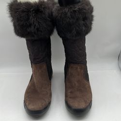 Coach Women's Talen Boot Size 8.5 Brown Suede Signature Quilted Nylon Rabbit Fur