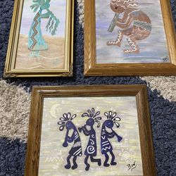 4 Paintings Kokopelli Style And Palms