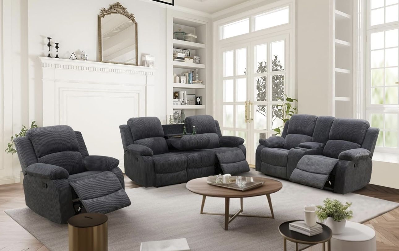 Charcoal Black Microfiber Fully Reclining Three Piece Couch Set