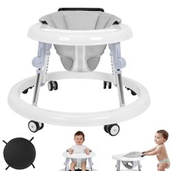 HARPPA Foldable Baby Walker with Wheels and Anti-Rollover, Sit to Stand Entertainment for Boys and Girls 7-18M, 5-Position Height Adjust, Gray White 