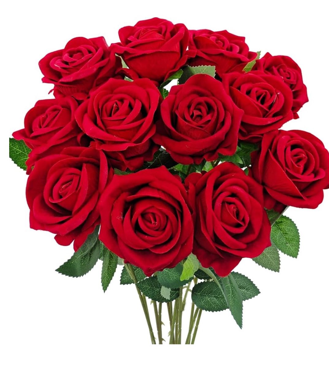 12PCS Red Roses Artificial Silk Flowers, Fake Roses with Long Stems Realistic Faux Rose Bouquets for Wedding Decorations Bridal Shower Floral Arrangem