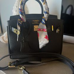 mini birkin top handle purse black and gold + silk twilly & cross body strap