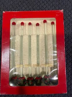 Vintage  handmade holiday drink stirrers with red and green wreath designs on top- 6 count