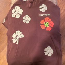 brown and white denim tier hoodie 