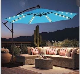 10 FT Solar LED Cantilever Patio Umbrella with Base Included, Blue