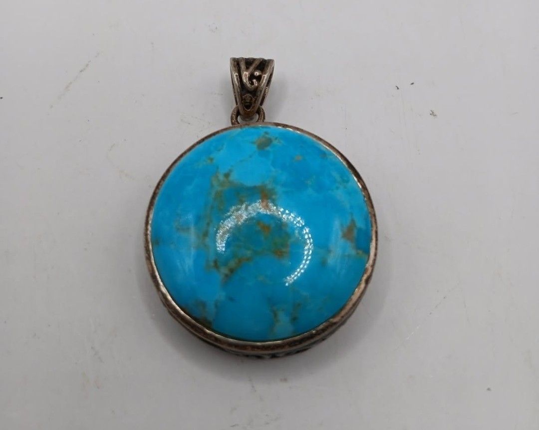 Vintage Round Turquoise Pendant stamped 925 NK Thailand