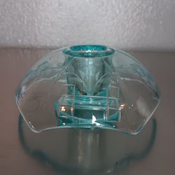 Paden City Cambridge Etched Candlestick Holder Blue Glass Rolled Square Edge.