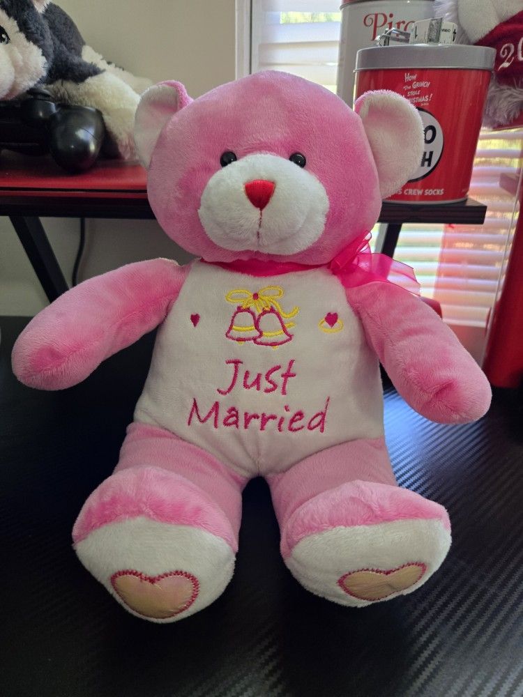 Sugar Loaf pink and white teddy bear 14" long with the phrase Just Married.