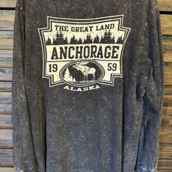 Great Land Anchorage Alaska Long Sleeve T Shirt US Vintage Black Bleach Dye XL