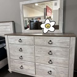 OM• $38 Initial • Brand New// 4 Piece Bedroom Set // Bed/ Bed Frame/ Nightstand/ Mirror And Dresser