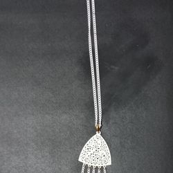 Vintage White Enamel Abstract Shape Pendant Tassel Necklace 