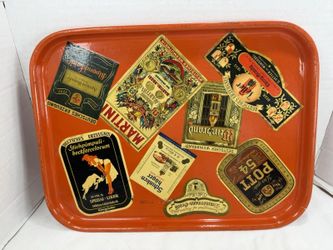 Vintage German Orange Serving Tray with Applied Liquor Labels Large