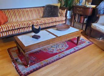 Vintage Mid Century Marble Coffee Table Burled Wood