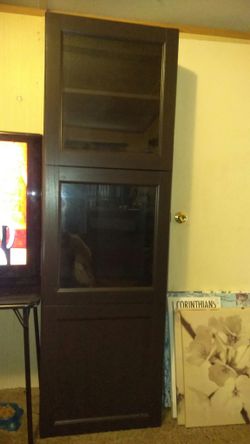 2 Expresso color Ikea shelves with glass doors open very sturdy very heavy