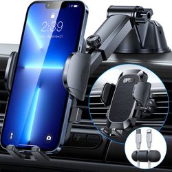 Cell Phone Holder Car Mount [ Leather Inlay & Super Suction ] Dashboard Stand Compatible for iPhone 13 Pro Max 12 11 X Xr Xs 8 7 6 Mini Plus Universal
