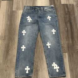 Chrome Hearts Blue Denim Jeans White Crosses