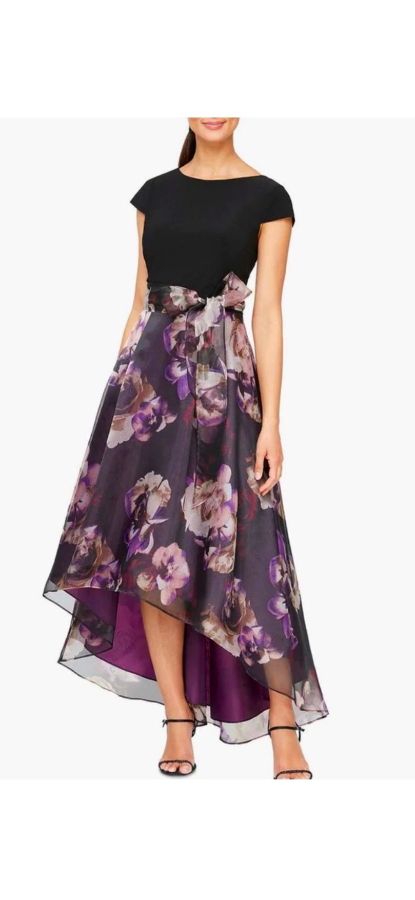 Women’s Formal Dress Size 14W SLNY Black Purple Floral Tie Hi-low Tie Waist Gown