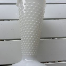 Fenton Hobnail Milk Glass Vase 9 1/2 " Tall Flared Crimped Edge
