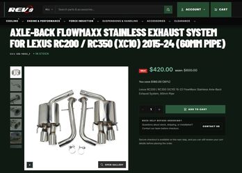 (Open Box) Rev9 CB-1002 Axle-Back FlowMaxx Stainless Exhaust System for Lexus RC200 / RC350 (XC10) 2015-24 (60mm Pipe)