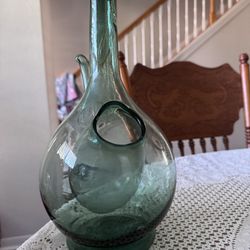 Vintage Hand Blown Green Glass Wine Bottle Decanter With Ice Chamber 