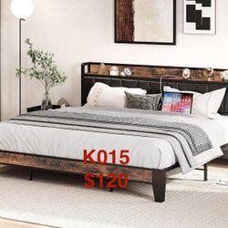 King Bed Frame, Storage Headboard with Charging Station K015