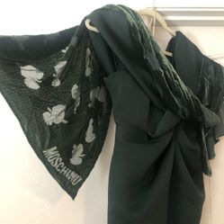 HUGE Y2K MOSCHINO Vintage Scarf Wrap Shawl Green Velvet Sheer Silk Design ITALY