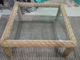 Mid-Century Square Coffee Table Featuring A Woven Rattan/Wicker Frame With A Tempered Glass Top.