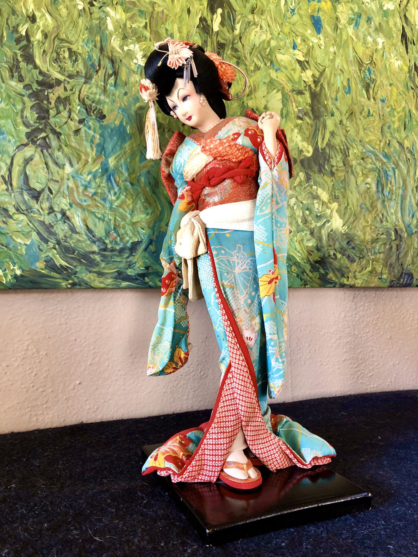 Vintage Japanese geisha fabric doll on stand
