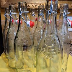 GLASS BOTTLES Embossed DECORATIVE BREWING  Seal Both Sides  O FIZZY DRINKS, Milk, Olive Oil: SILICONE SEAL WIRE SWING  CAP 25.4 Oz large Size