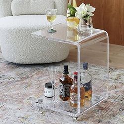 ONELUX Mobile C Shaped End Table,Acrylic Sofa Side Table, Snack Table On Wheels,Clear Rolling Table 