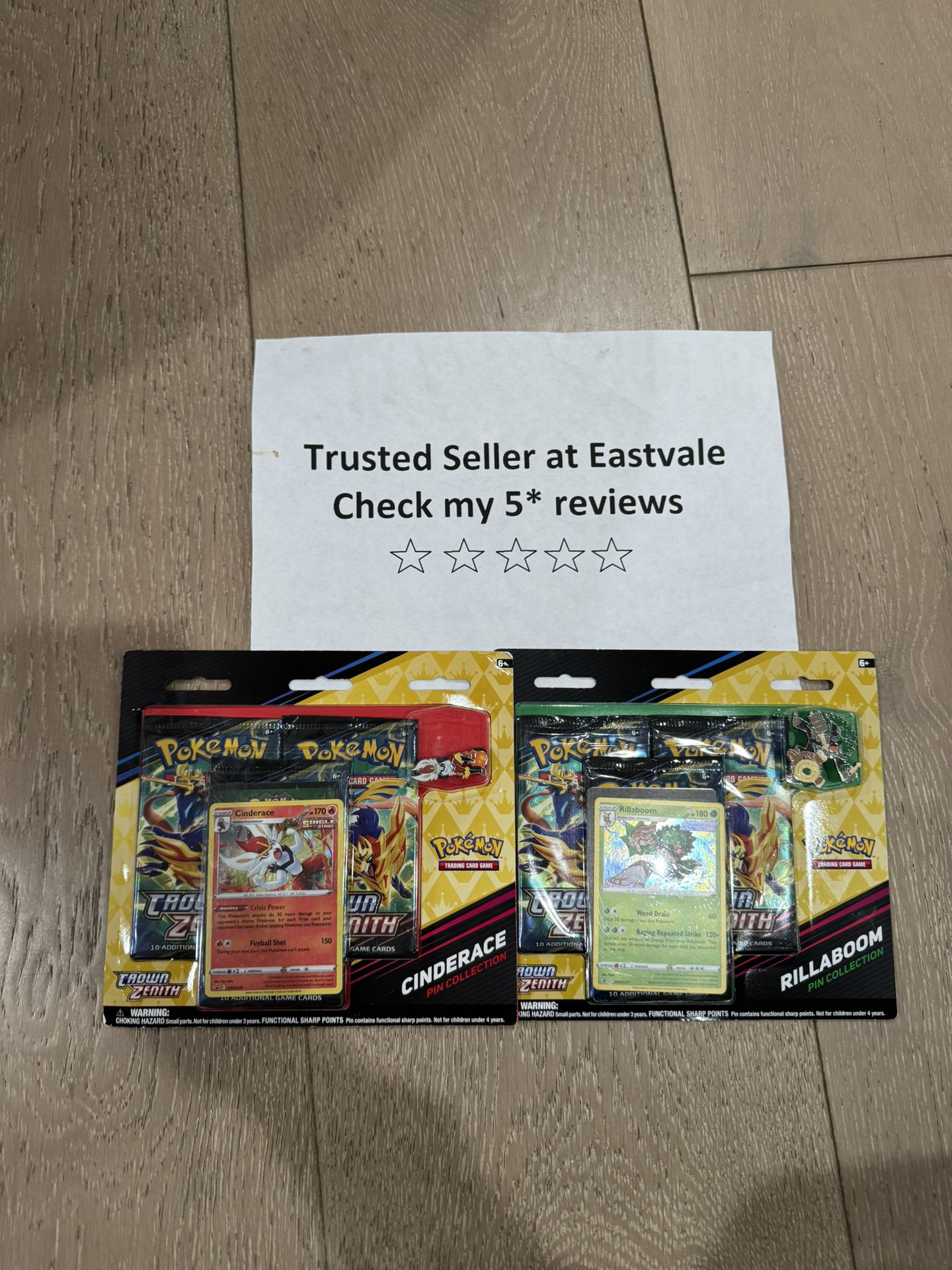 set of two Crown Zenith 3 Pack Pin Collection New & Sealed Pokemon TCG Cinderace Rilaboom