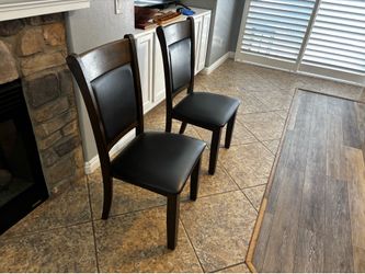 Pair of Dark Wood Dining Chairs with Black Upholstered Seats & Backs - Excellent Condition