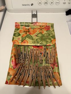 VINTAGE plastic clothespin bag with metal hanger and magnetic top PLUS 22 vintage clothespins (2 slight tears mended) 17 total inches long, 13” not in