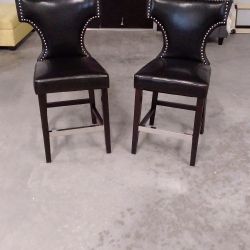 Bar Stools, 24.5" Counter Height Seat, Black Faux Leather, Set Of Two 