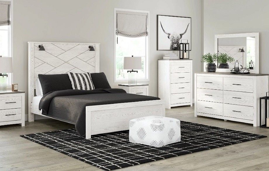✪ Gerridan White 5Pc.Dresser Mirror Queen Panel Bed With Sconces ✪